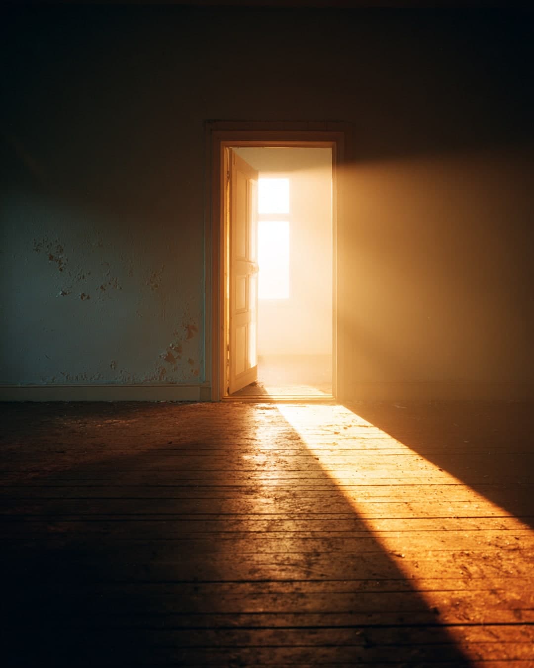 An open doorway in a plain room, late afternoon sun flooding through it across worn floorboards