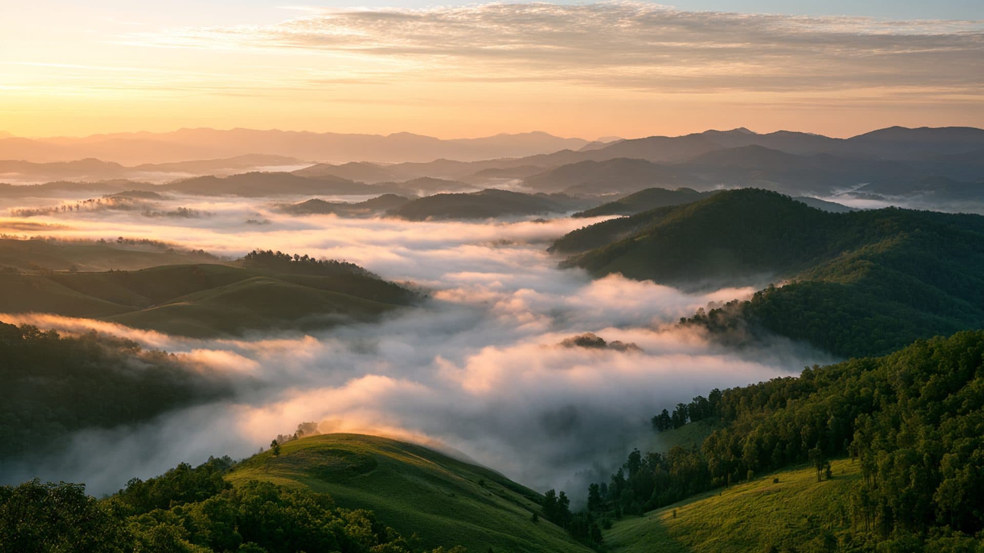 A dramatic sunburst blazing directly over a mountain peak, rising above a sea of clouds